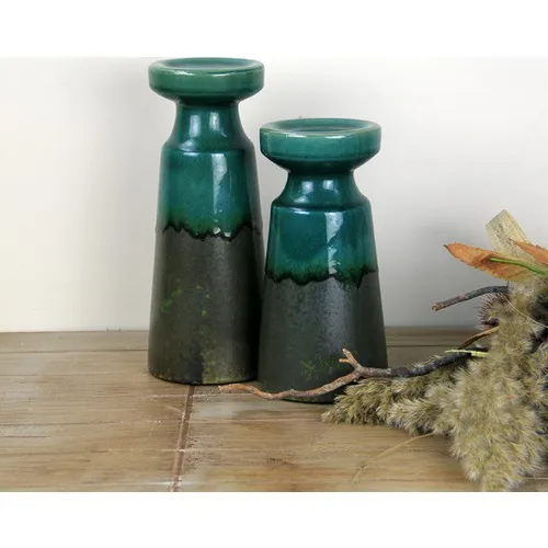 Ancel Tumbled Pattern Green Color Decorative Ceramic Candlestick 11,5x28 cm