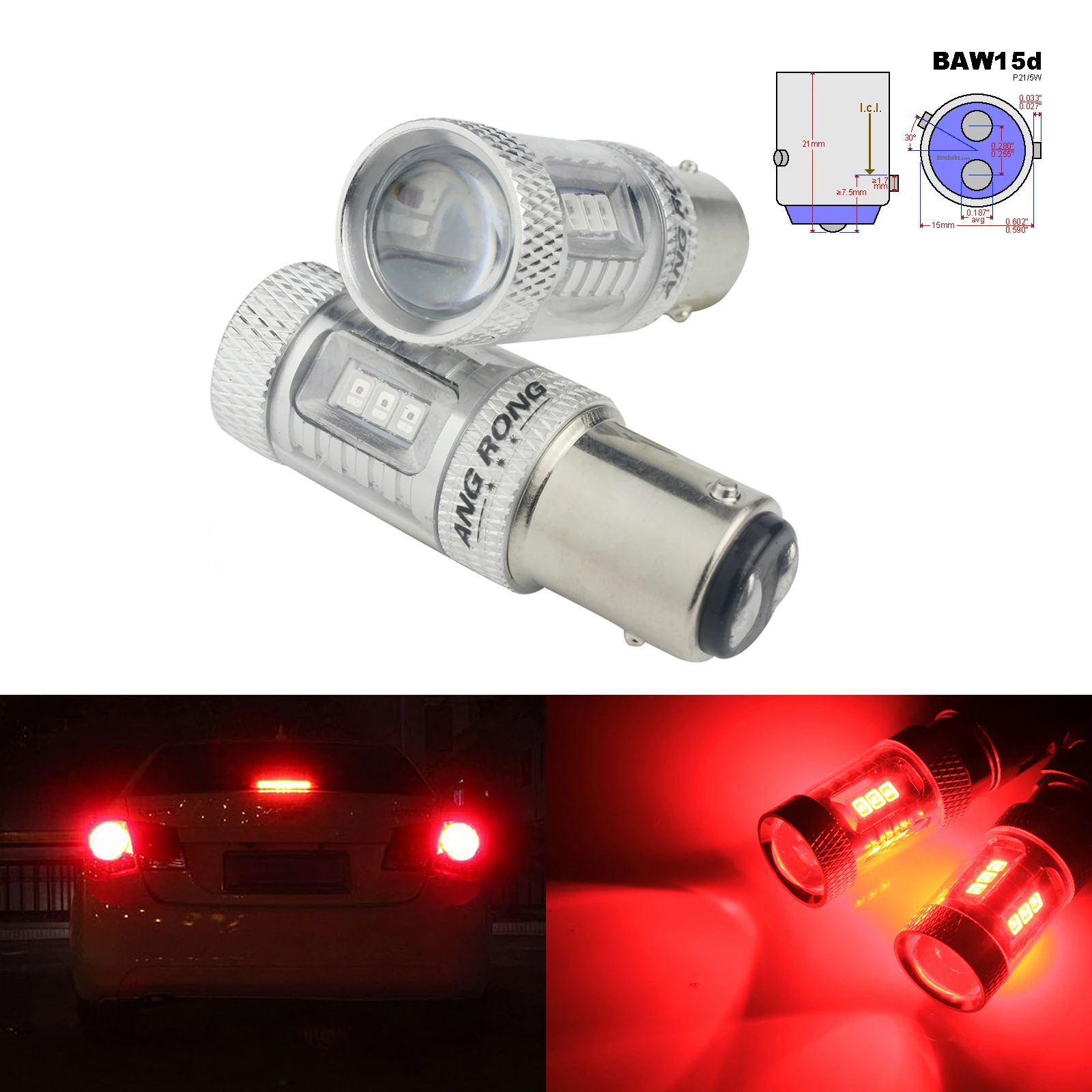 ANGRONG 2x RED PR21/5W 380R BAW15d P21/5W LED 15W Żarówki boczne tylne przeciwmgielne światła stopu
