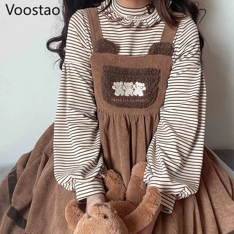 若い女の子のためのヴィンテージドレス,愛らしいロリータJsk,かわいいクマの刺繍,ポケット,ルーズコーデュロイ,パーティードレス,秋冬