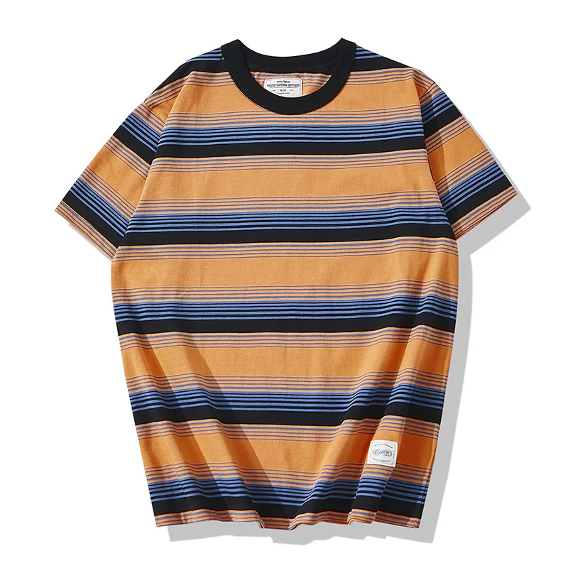 Ok1124 Irregular Striped T-Shirt Men 230g Heavy Weight High Quality Casual Contrast Color Short Sleeve Loose O-Neck Tees Tops