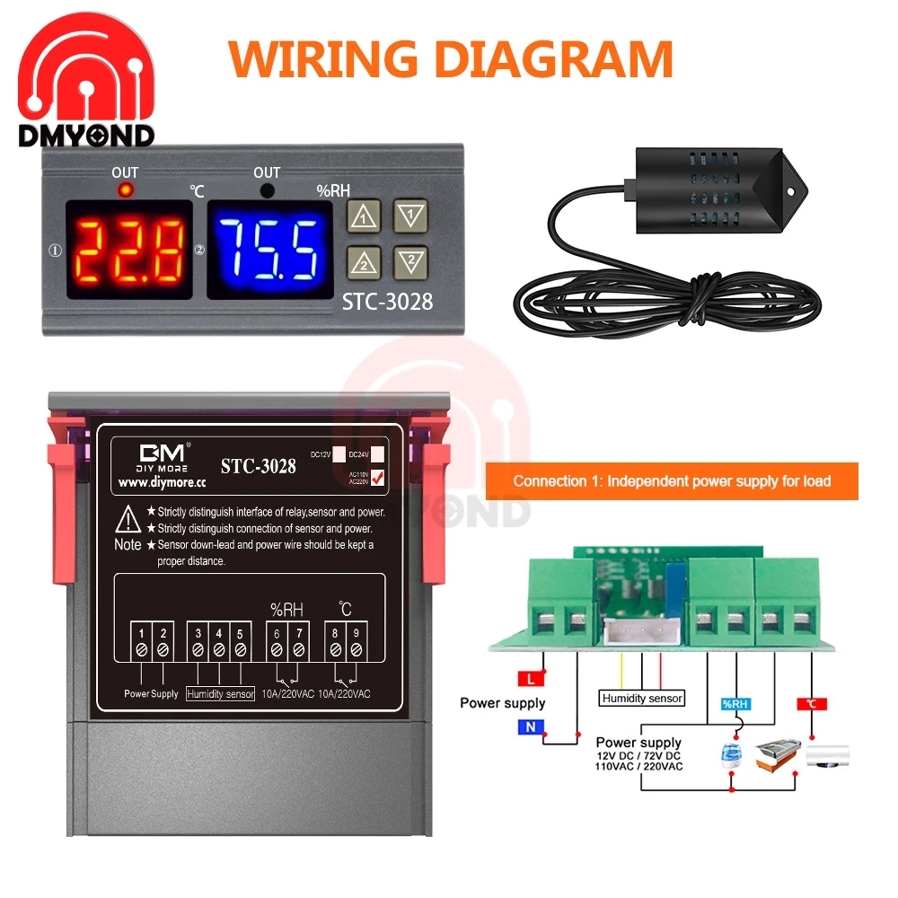 Termostato y humidistato de STC-3028, 110V, 220V, 12V, 24V, pantalla Dual LED, controlador Digital de temperatura y humedad para incubadora interior