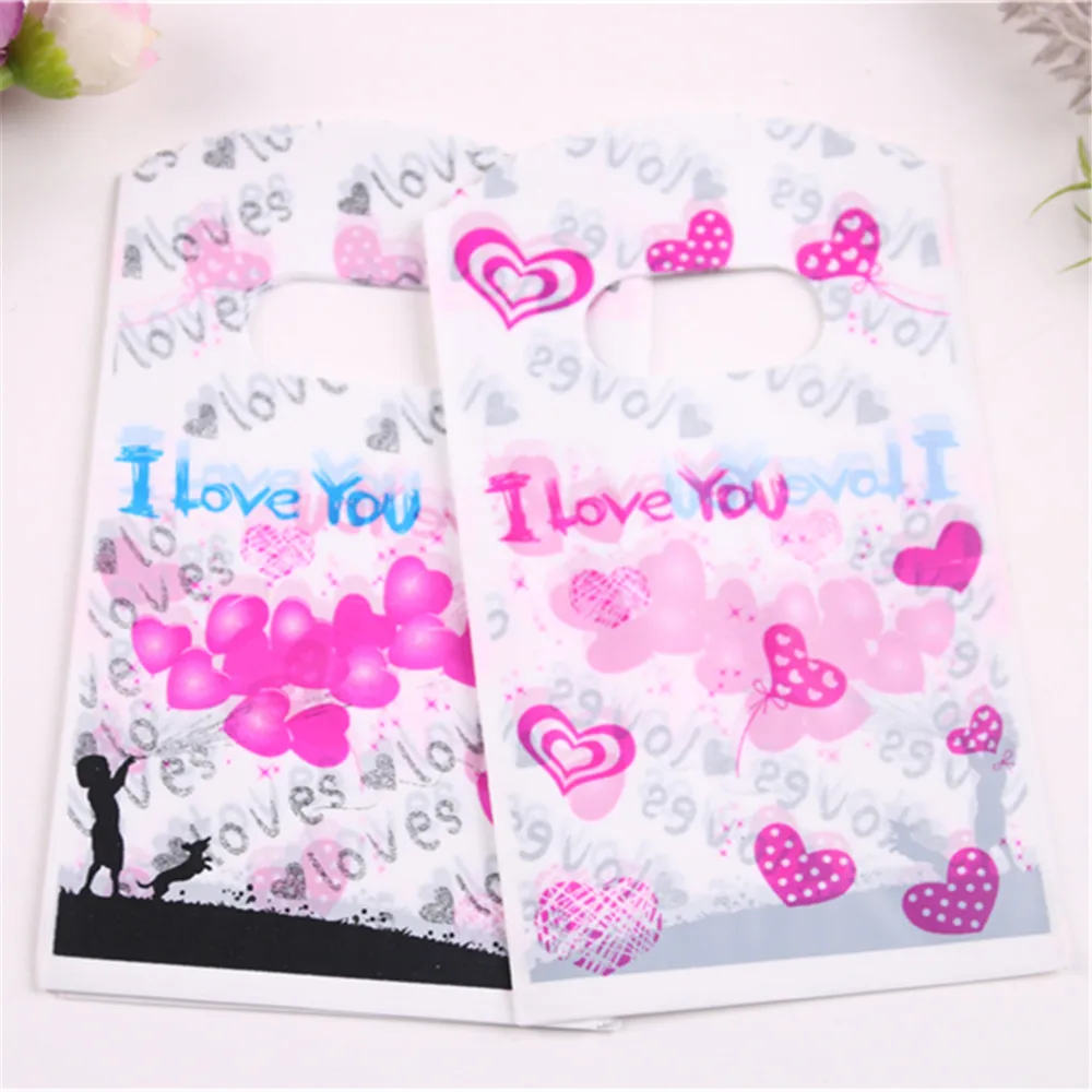 New Design Wholesale 50pcs/lot 9*15cm Small Birthday Gift Packaging Bags Plastic Mini Candy Bag with Pink Heart