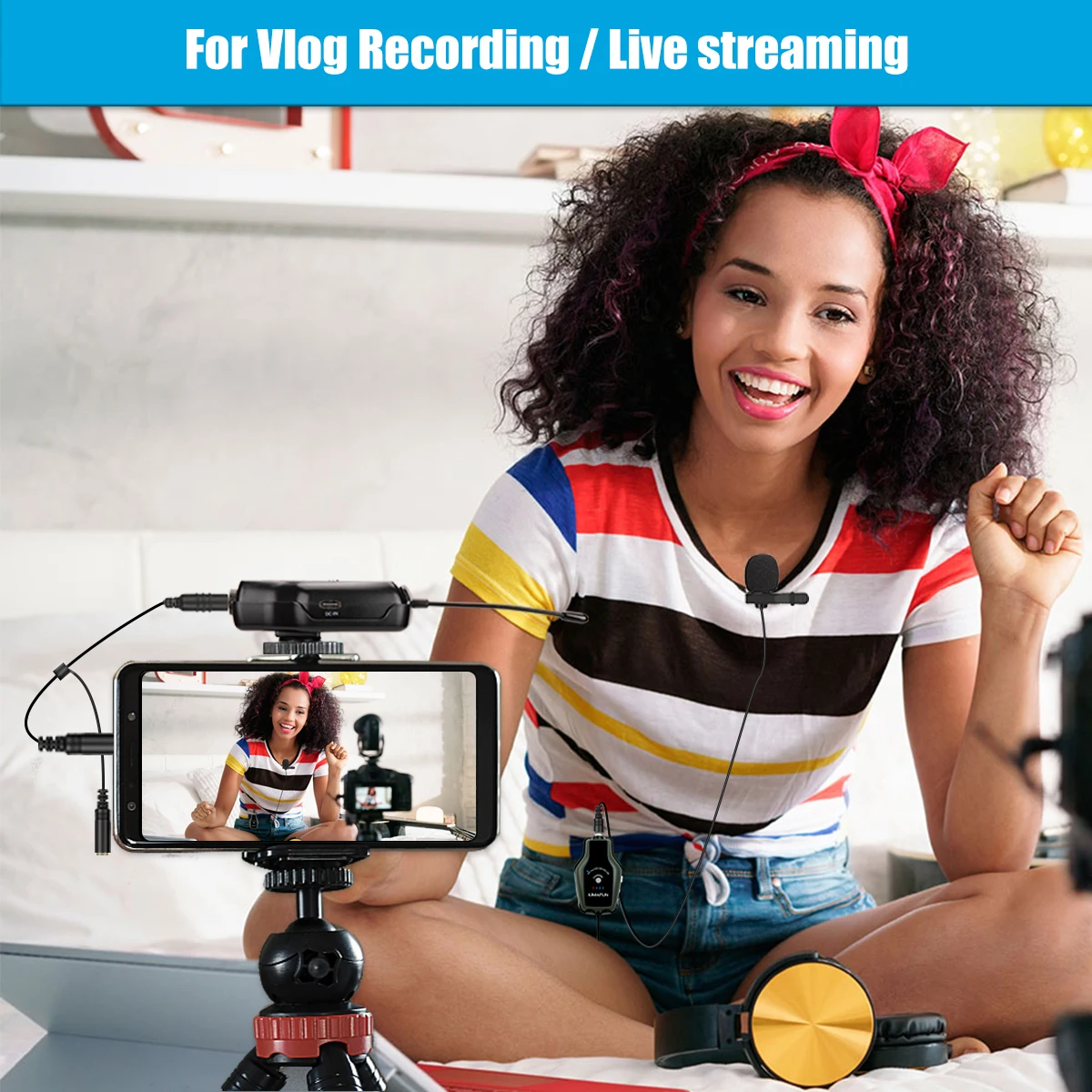 ميكروفون KIMAFUN UHF Lavalier بميكروفون لاسلكي للتسجيل في فيديو يوتيوب مقابلة مباشرة مع هاتف آيفون أندرويد DSLR بكاميرا ميكروفون
