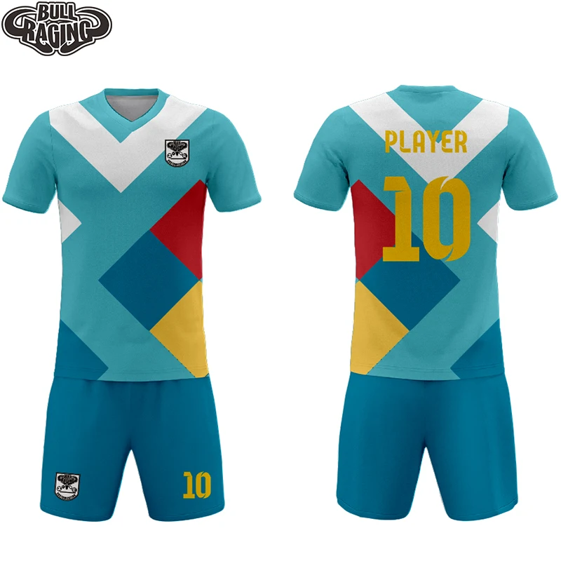 

sublimation printing custom turquoise white color geometry design mens youth football jersey team sport uniform kits