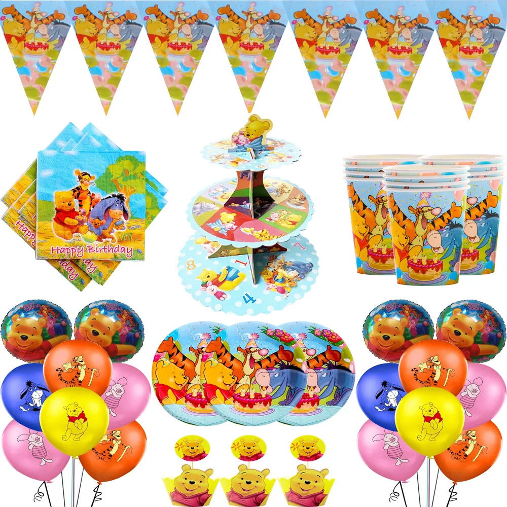 Disney Winnie The Pooh Disposable Tableware Set Cups Baby Shower Party Decor balloon Birthday Party Disposable Cup Tablecover