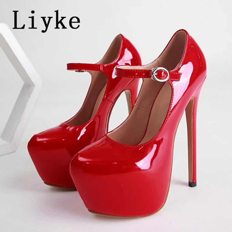 Liyke 2024 Spring Autumn Women Platform Pumps Black Round Toe Buckle Strap 17CM Super High Heels Pole Dance Shoes Stiletto Mujer