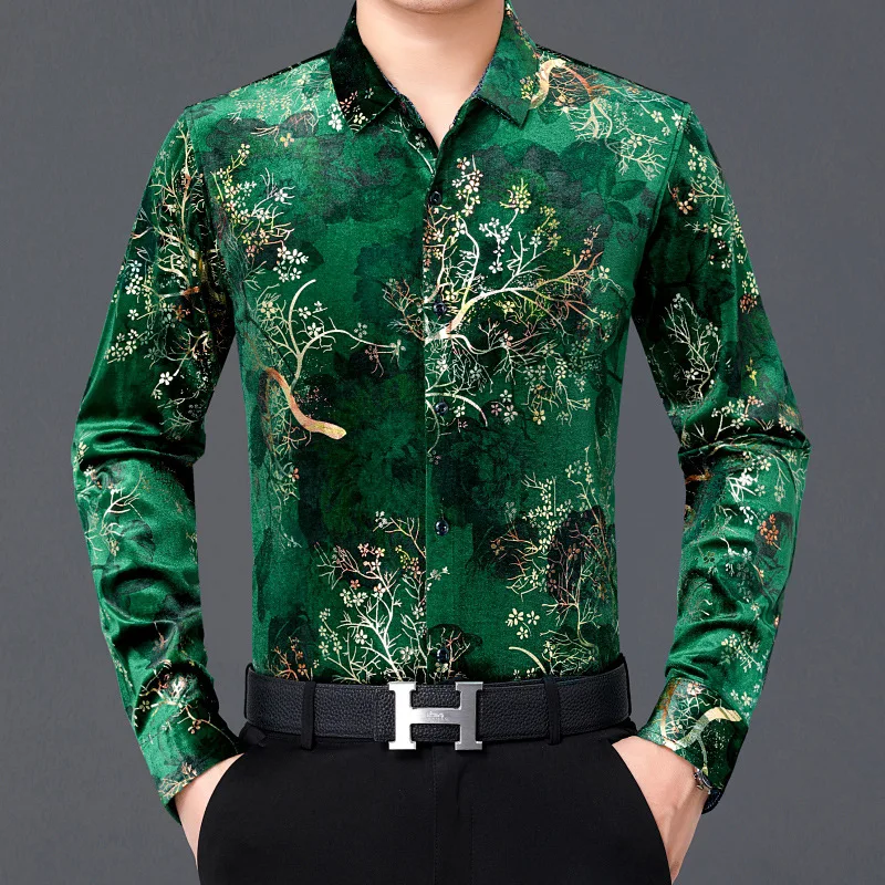 High-End Floral Carving Shirts For Men Long Sleeve Luxury Casual Spring New Fashion Quality Velvet Easy Care Chemise Homme M-4XL