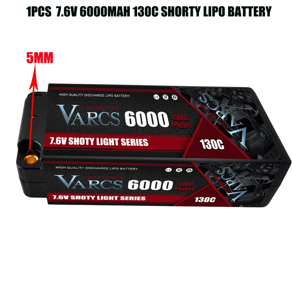 VARCS Lipo Battery 2S 7.6V 6000mah 130C 260C 4mm 5mm Bullet Competition Short for 1/8 1/10 Off-Road Buggy Truck Car