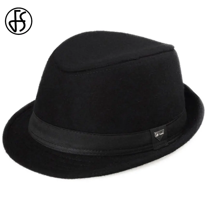 FS-sombreros de fieltro de lana de ala ancha para hombre, de Jazz negro Trilby Sombrero de Panamá, gorras de gángster de caballero, Fedora, Vintage