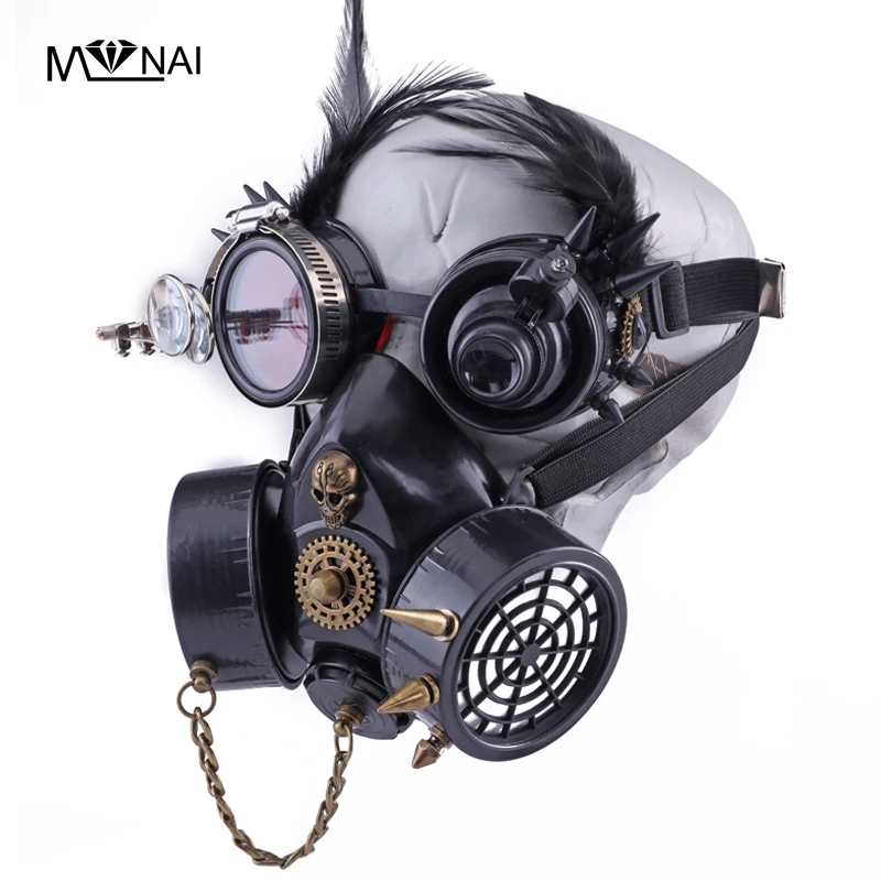 

Cosplay Props Vintage Rivets Steampunk Mask Halloween Black Feather Goggles Gothic Street Fashion Stage Performance