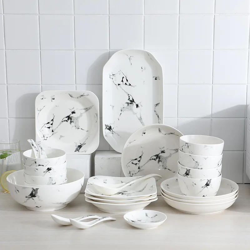 MT Northern Europe Marble Ceramic Tableware Home Breakfast Bowl Dish Set Creative Bowl Fish Plate Kitchen Accessories