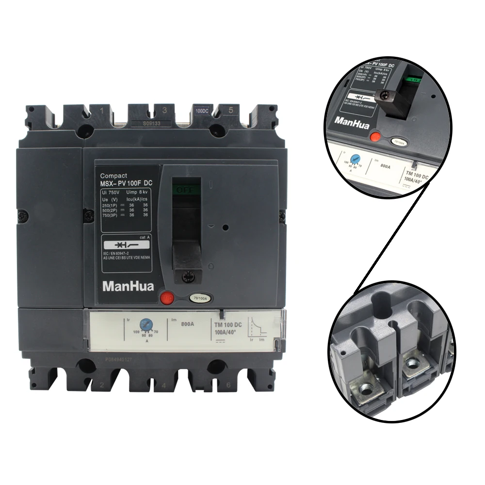 ManHua 4P FourPoles  Breaking Capacity 36kA Adjustable 100A MSX-PV100F Photovoltaic 1000VDC Moulded Case Circuit Breaker