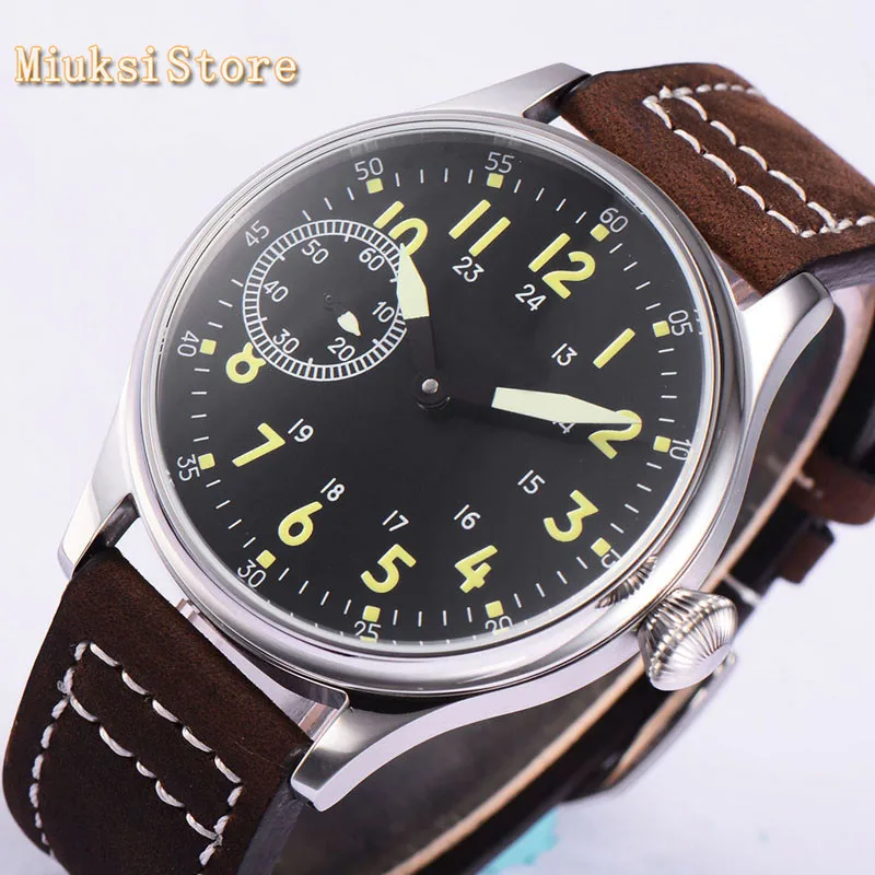 Corgeut 44Mm Jam Tangan Santai Pria Antik Jam Tangan Mekanis Pria Tali Jam Tangan Kulit Dial Hitam Pergerakan 6497