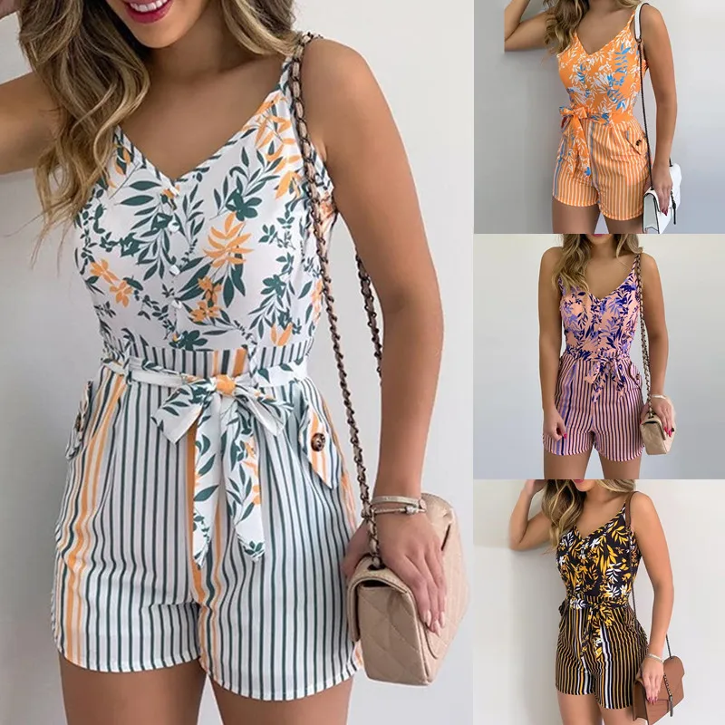 Mono Sexy con cuello en V y tirantes finos para mujer, pelele corto con estampado Floral para mujer, traje de playa sin mangas con volantes, moda