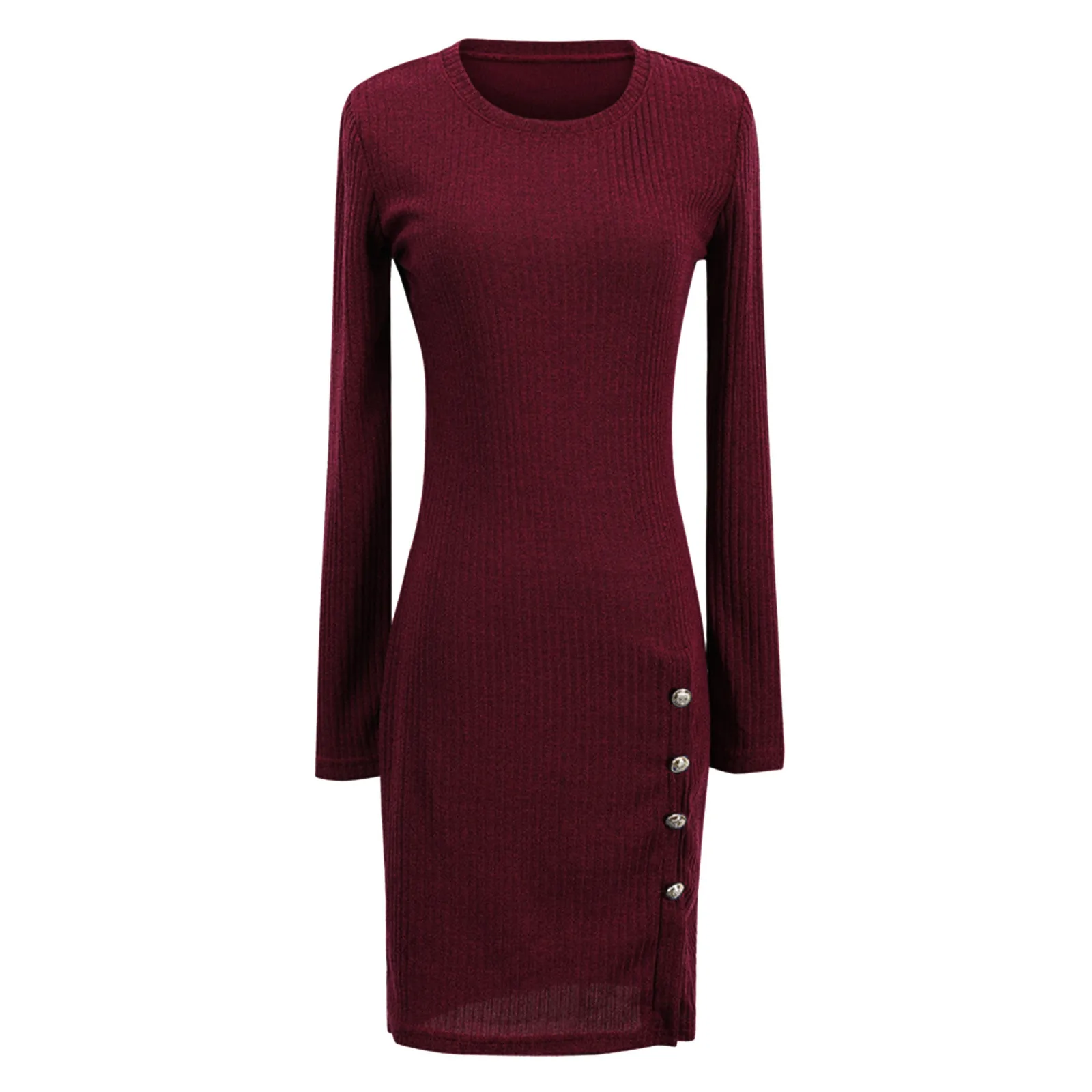 Knitted Sweater Dress For Women Autum Warm Ribbed Solid Long Sleeve Sexy Split Dresses Buttons Slim Bodycon Party Dress Vestidos