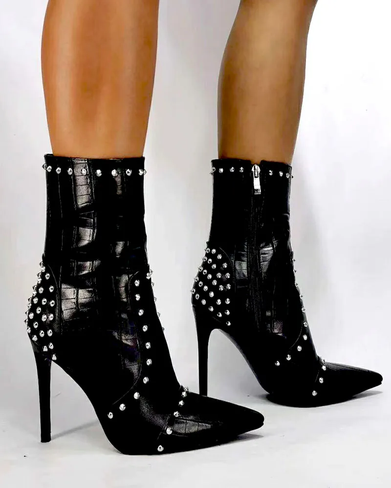 Black Stone Leather Rivets Studs Pointed Toe Boots Gladiator Thin High Metal Spikes Ankle Boots  Woman Motorcycle Boots