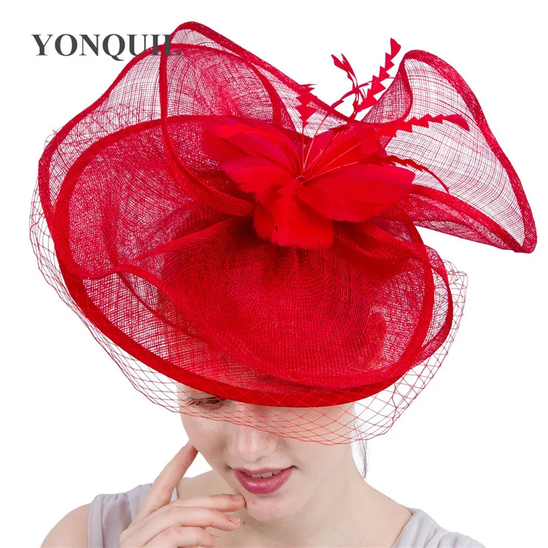 

Red Cocktail Kentucky Fascinators With Feather Derby Hat For Tea Party Dresses Hats Women Bridal Wedding Church Hair Accessories