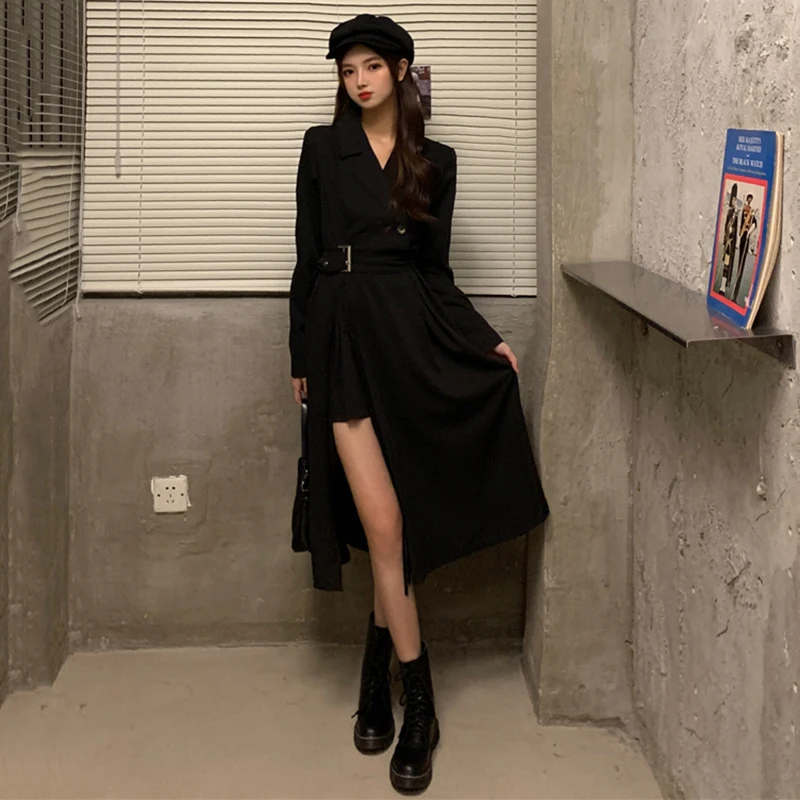 Spring Autumn Korean Fashion Long Sleeve Blazer Dress Women Sexy Notched Collar High Split Gothic Long Sashes Vestidos 2023