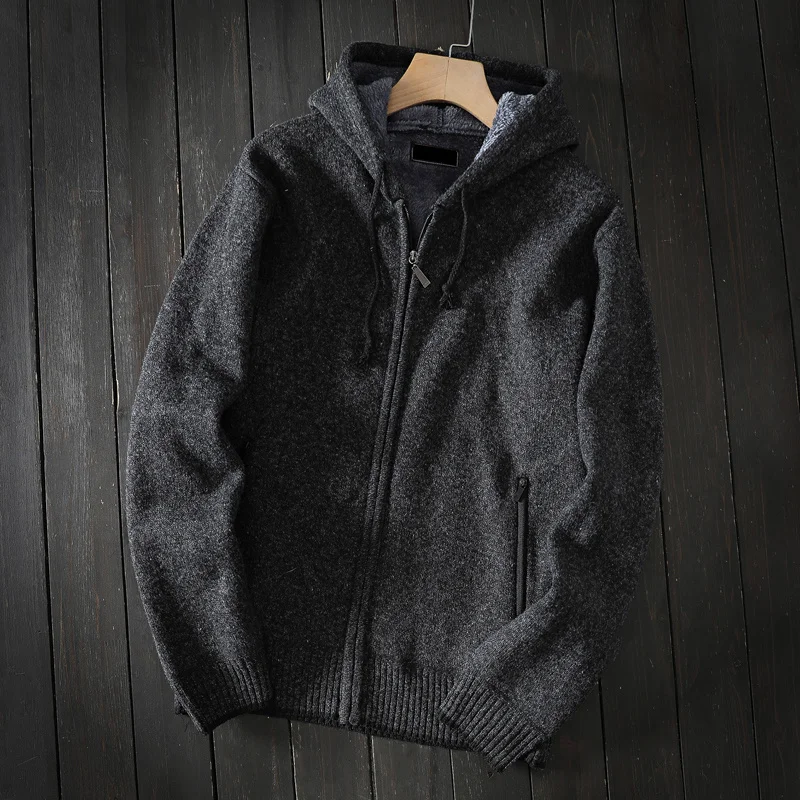 Wool Man Blends Hooded Cardigan Plus Velvet Thickening Collar Jackets Korean Style Zipper Pockets Warm Knitting Sweaters Winter