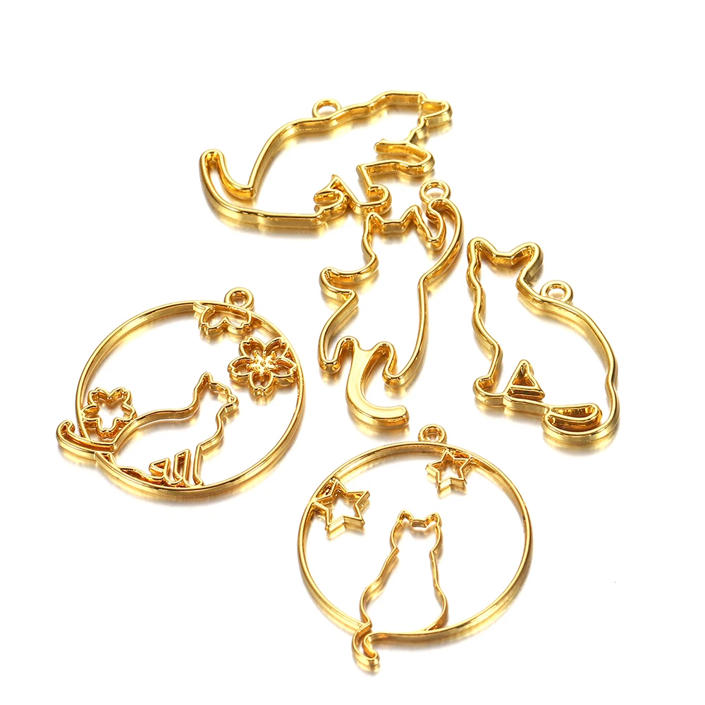 5Pcs/Set Gold Cute Cat Hollow Frames Pendant Open Bezel Setting UV Epoxy Resin Molds For DIY Jewelry Making Craft Accessories image 3