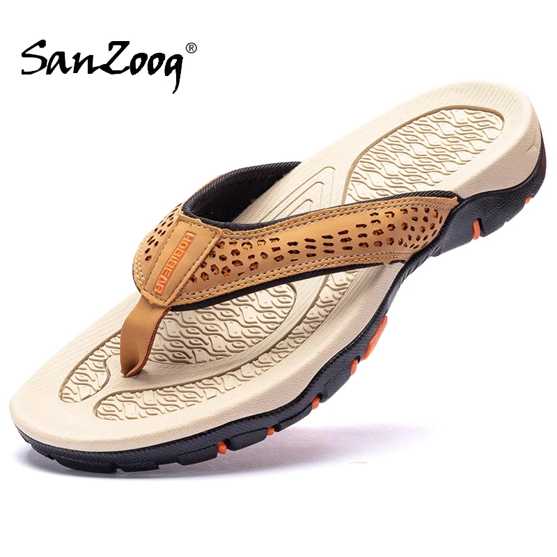 Plus Big Size 49 50 51 52 Mens Flip Flops Slippers PU Leather Beach Shoes TPR Outsoles Hard-Wearing Outdoor Style