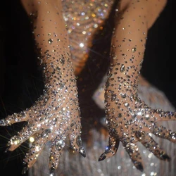 Luxurious Stretch Rhinestones Gloves Women Sparkly Crystal Mesh Long Gloves Dancer Singer Nightclub Dance wear