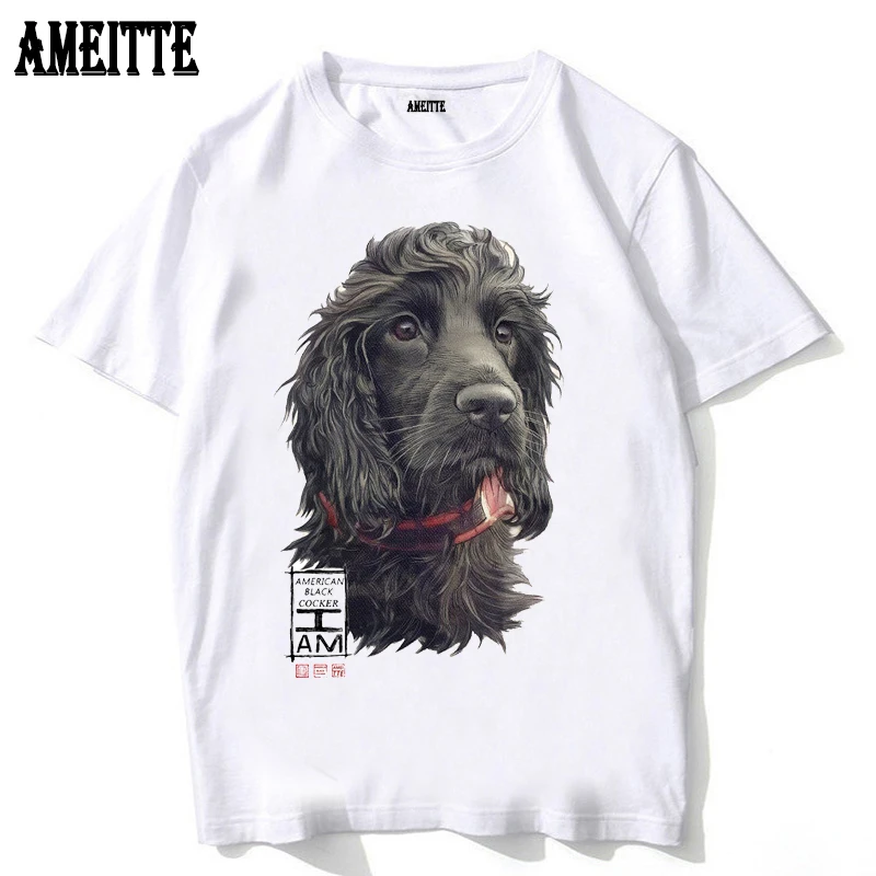 American Cocker Spaniel Black Print T-Shirt New Summer Fashion Men Short Sleeve Boy Casual Tops Funny Dog Design Man White Tees