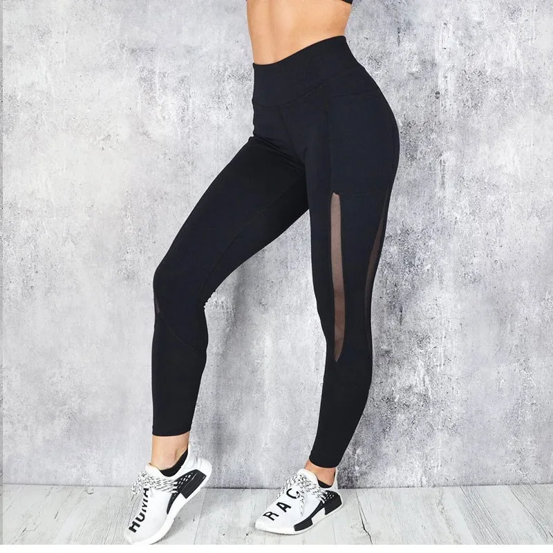 Fashion Women Side Pocket Design Net Gauze Splice Running Yoga Pants GYM High Waist Stretchy Fitness Leggings