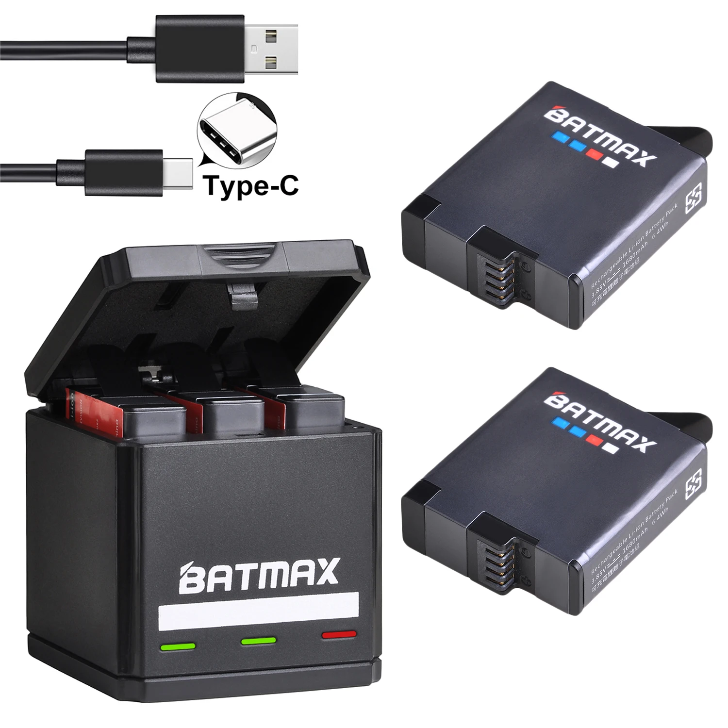 Batmax For GoPro Hero 8 Hero7 Hero 6 hero 5 Black Battery + USB Triple Charger with Type C Port for GoPro Hero 8 Action Cameras