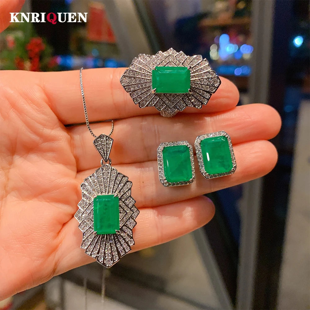 

Retro Emerald Gemstone High Carbon Diamond Pendant Necklace Earrings Ring Gemstone Wedding Jewelry Set Gift for Women Statement