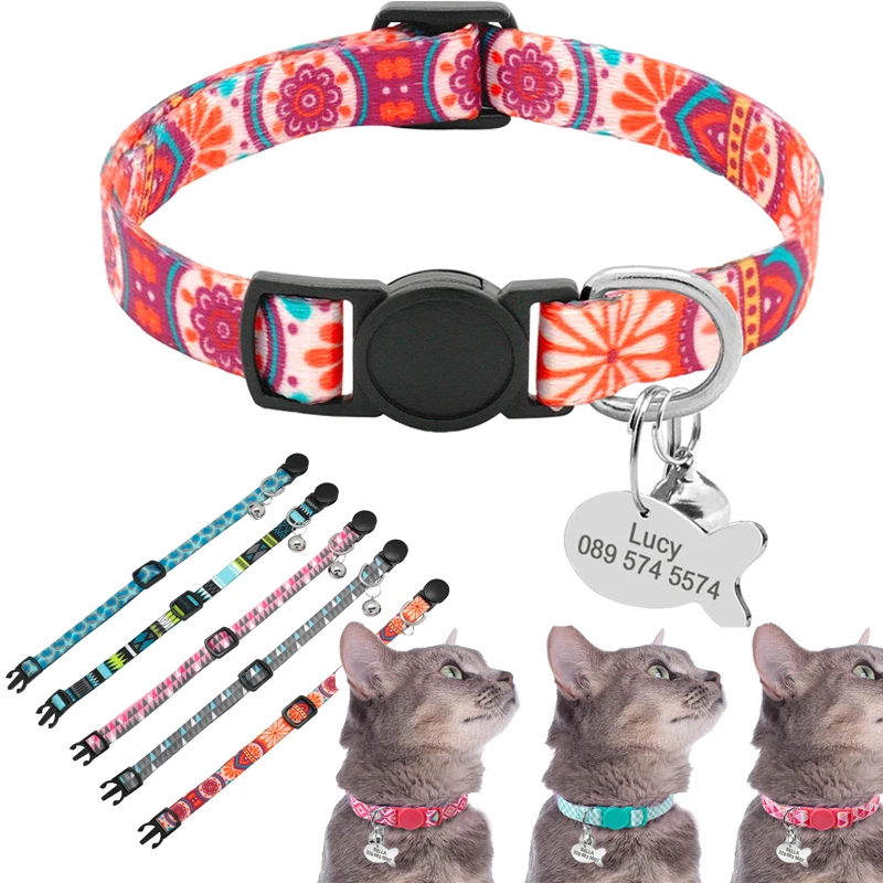 Cute Print Personalized Cat Collar Quick Release Custom Kitten Collars with Bell Engraved Pet Cats Necklace Accessories for Cat