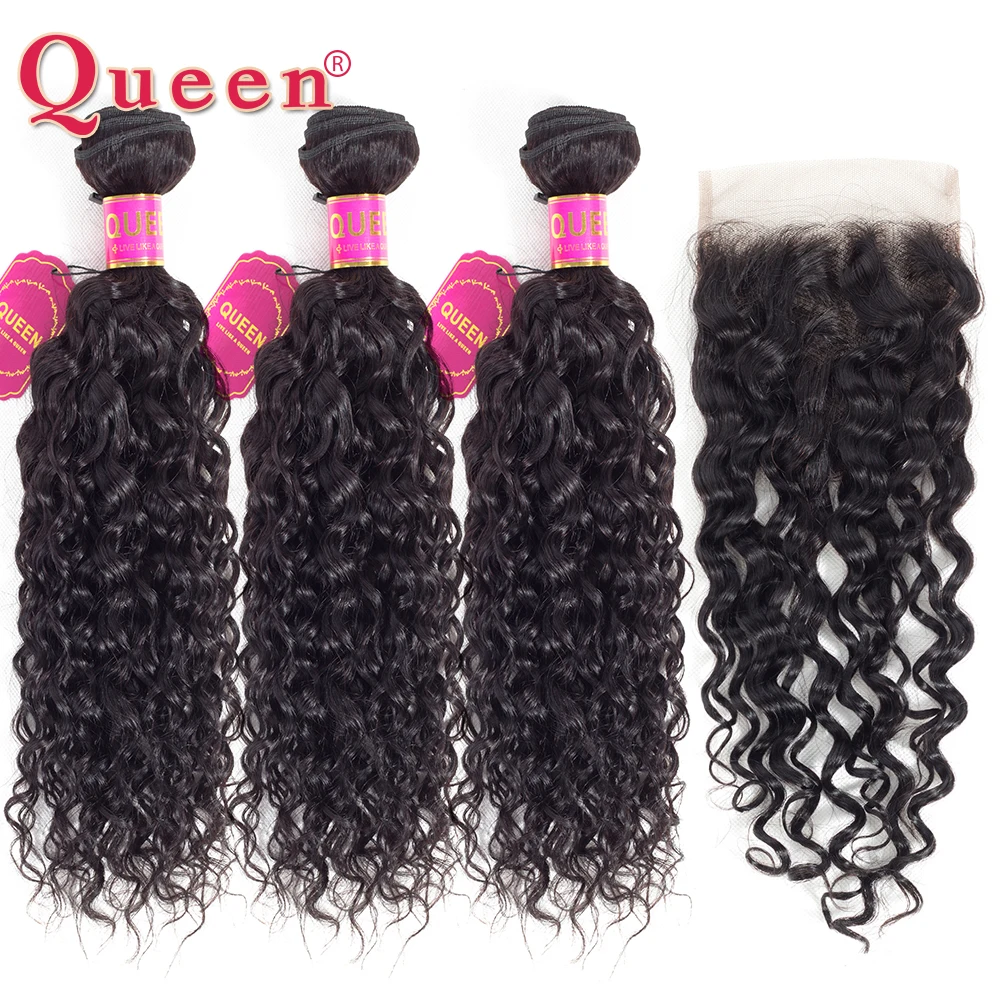 Queen Hair Peruvian Water Wave 3 or 4 Bundles With Closure Remy Human Hair Weave Bundles With Lace Closure 4 PCS/Lot