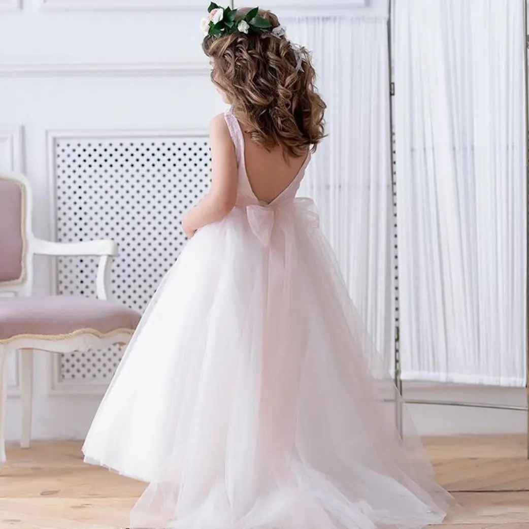 Erröten Rosa Open Back Blume Mädchen Kleider Sparkly Lange l Formale Hochzeit Kleid Kinder Party Geburtstag Pageant Kleid