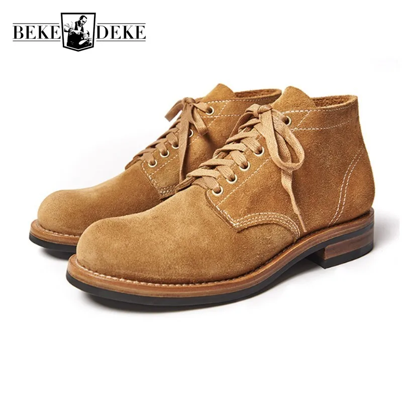 Breathable Vintage England Style Men Brown Short Tube Boots Lace-Up Round Toe Genuine Leather Cow Suede High Quality Boot Autumn