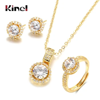 Kinel 18K Gold Zirkon Schmucksets Verlobungsring Halskette Ohrring für Braut Hochzeit Schmuck Valentinstag Geschenk für Frauen