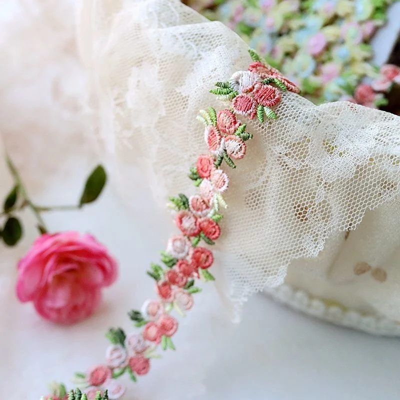 2CM Wide Pastoral Colorful Gradient 3d Flowers Embroidery Ribbon Lace Applique Sewing Trim DIY Headwear Hat Clothing Accessories