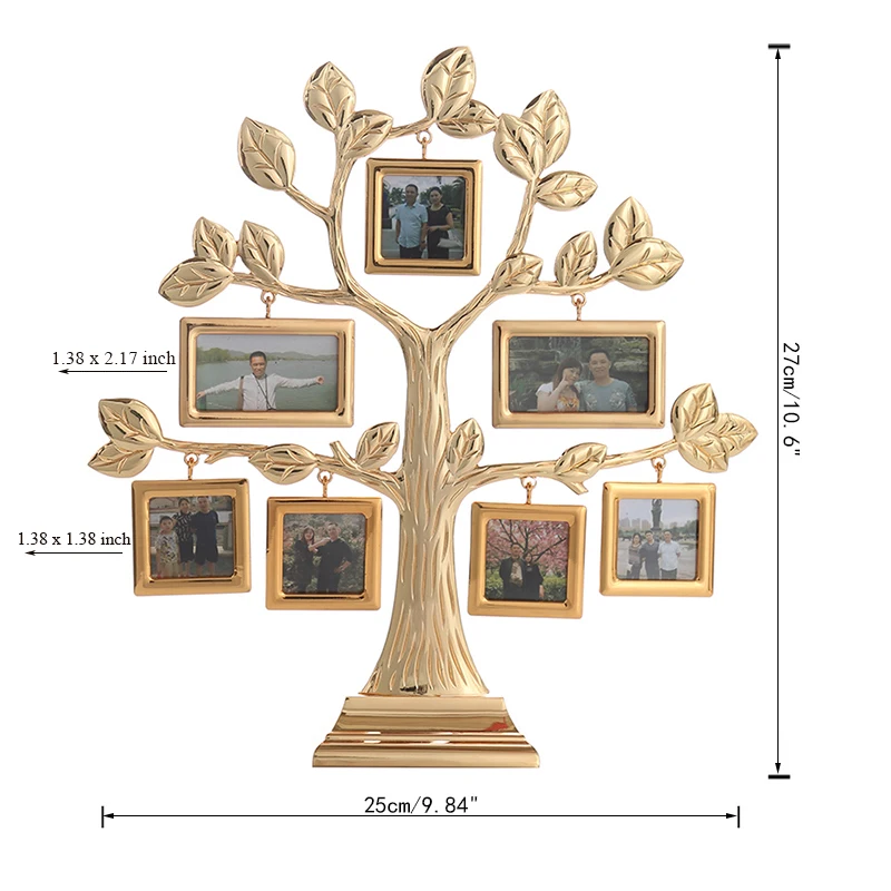 Family Tree Photo Frame with 7 Hanging Photo Frames Gold Metal Desktop Picture Frame Decoration