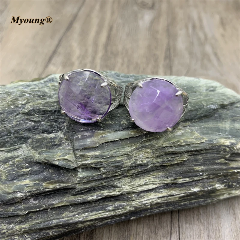 Round Faceted Gems Stone Rings Natural Crystal Amethysts Rose Quartzs Labradorite Fashion Women Rings Party Jewelry MY211102