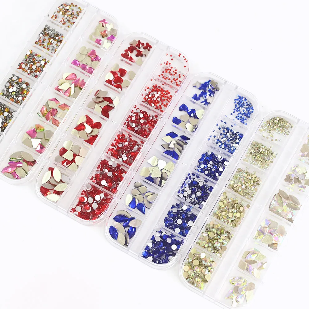 

12Girds/Box Mulit-Designs Flatback Nail Rhinestones,12 Shapes 3D AB Crystal Glass Nail Stones Manicure 12 Colors Rhinestones *PH