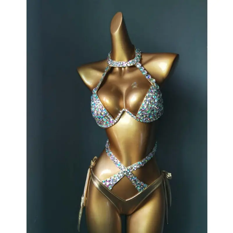 Pole Dancing Stones Bikini Costume Rhinestones Hot Shorts Bra 2 Pieces Outfit Nightclub Bar Party Show Model Catwalk Stage Wear