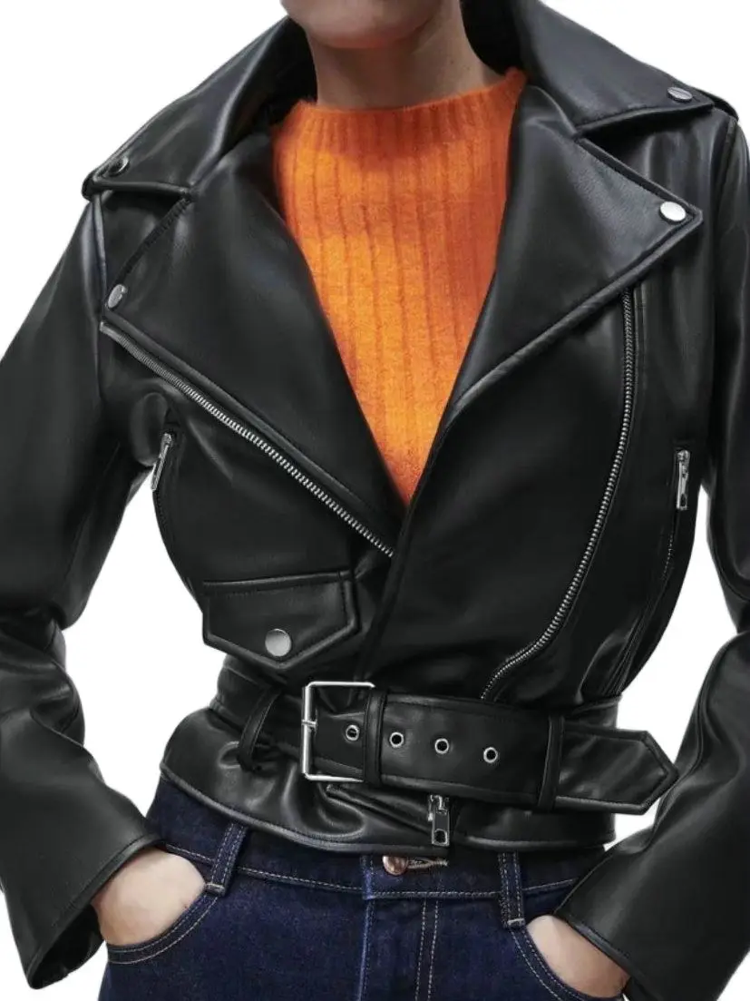 2023 New Spring Autumn Women Blue Faux Leather Jacket Ladies Solid With Belt Zipper Biker Coat Female Casual Outwear Veste Femme