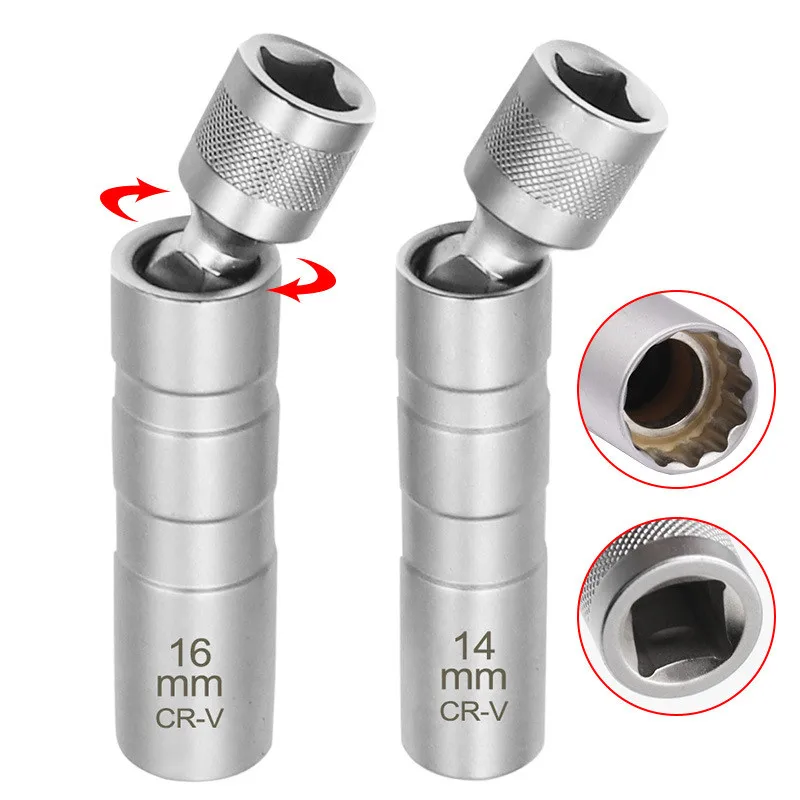 14MM & 16MM Magnetic Swivel Spark Plug Socket - 3/8-Inch Drive 12-Point Spark Plug Socket Removal Tool - Swivel Extens