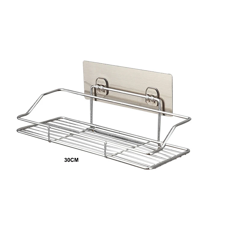 Bathroom Shelf Stainless Steel Shower Organizer Basket Kitchen Storage Shelf Wall Mounted Storage Rack with Adhesive Sticker