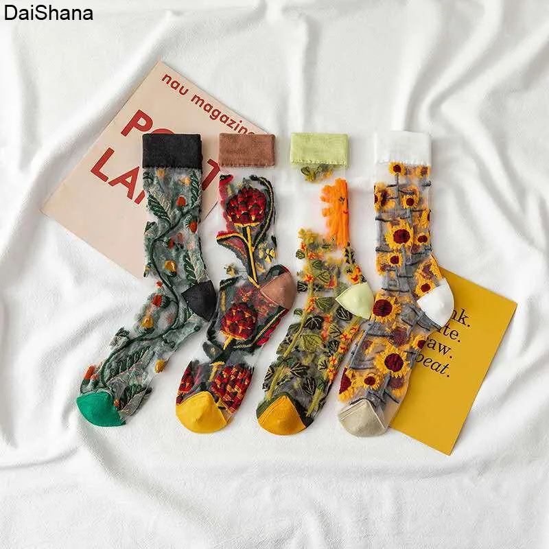 2021 New Product  High Quality Women Socks Harajuku Crystal Slik Tide Socks Funny Sunflowers Vines Flowers Happy Cute Socks