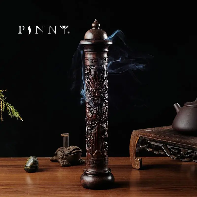 PINNY Ebony Wood Dragon Sculpture Stick Incense Burner Wood Pomades Joss Sticks Incense Holder Handmade Censer Aromatherapy