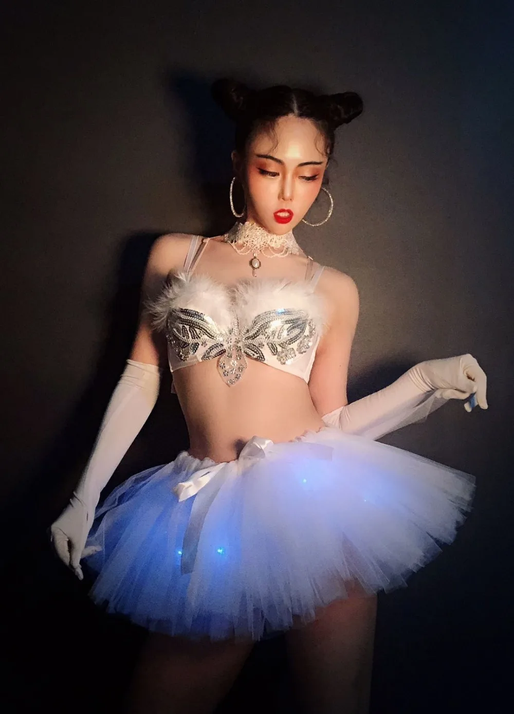 Sexy Bar Nightclub DJ Singer Stage Wear LED Luminous Tutu Skirt Bra Dance Costume Party Show Performance Clothes