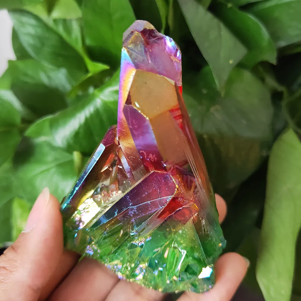 170g Titanium coating Crystal cluster Natural Aura plating red and green quartzStone Flower vug Crystals Healing home decor