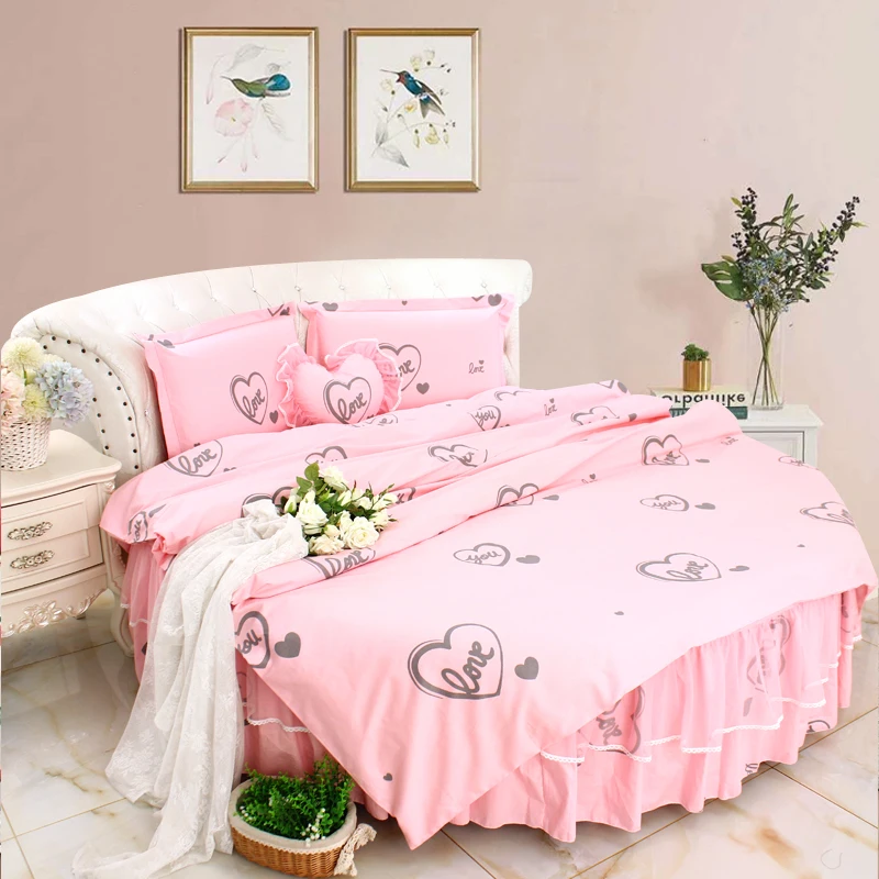 Pink Love Heart Printed Round Corner Bed Sweet Duvet cover Ruffle Bedskirt Pillowcase 4Pcs Luxury Cotton Bedding Sets King Size