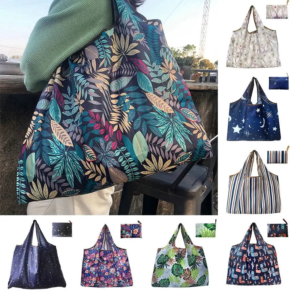 Large Shopping Bag Flower Star Stripe Reusable Folding Women's Shopping Bag Large Capacity Tote Bag Foldable Tote Bag