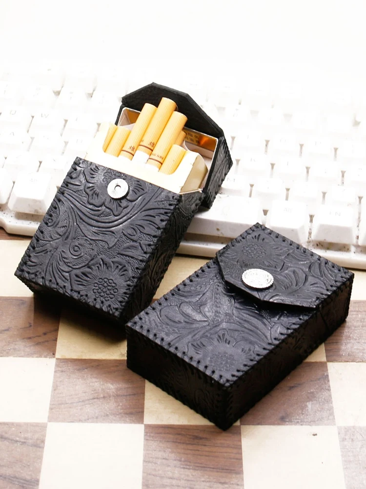 Handmade Tang Grass Leather Cigarette Case Cowhide for 20 Sticks Smoking Box Tobacco Storage Protective Cover Men's Gift